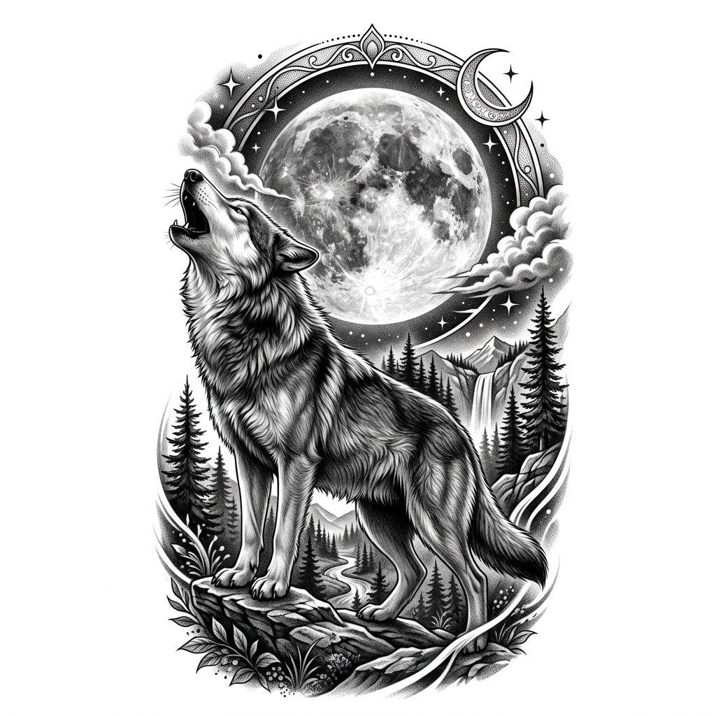 idée tatouage cuisse loup hurlant réaliste