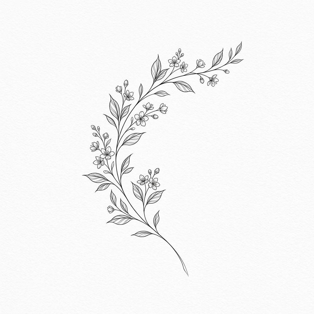 idée tatouage dos branche florale fine line