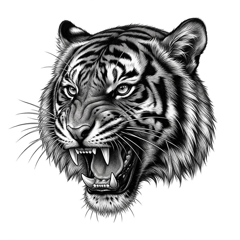 idée tatouage dos tigre réaliste rugissant