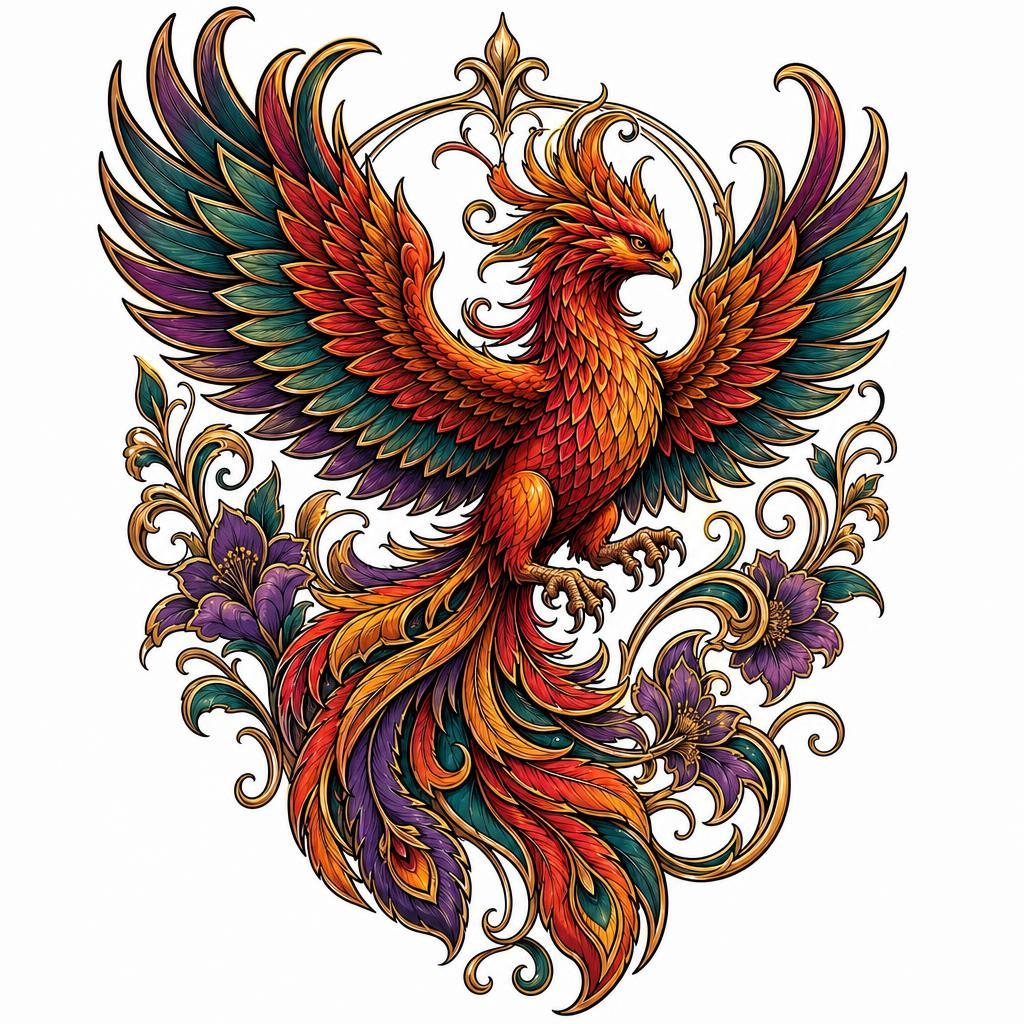 idée tatouage dos phénix néo-traditionnel