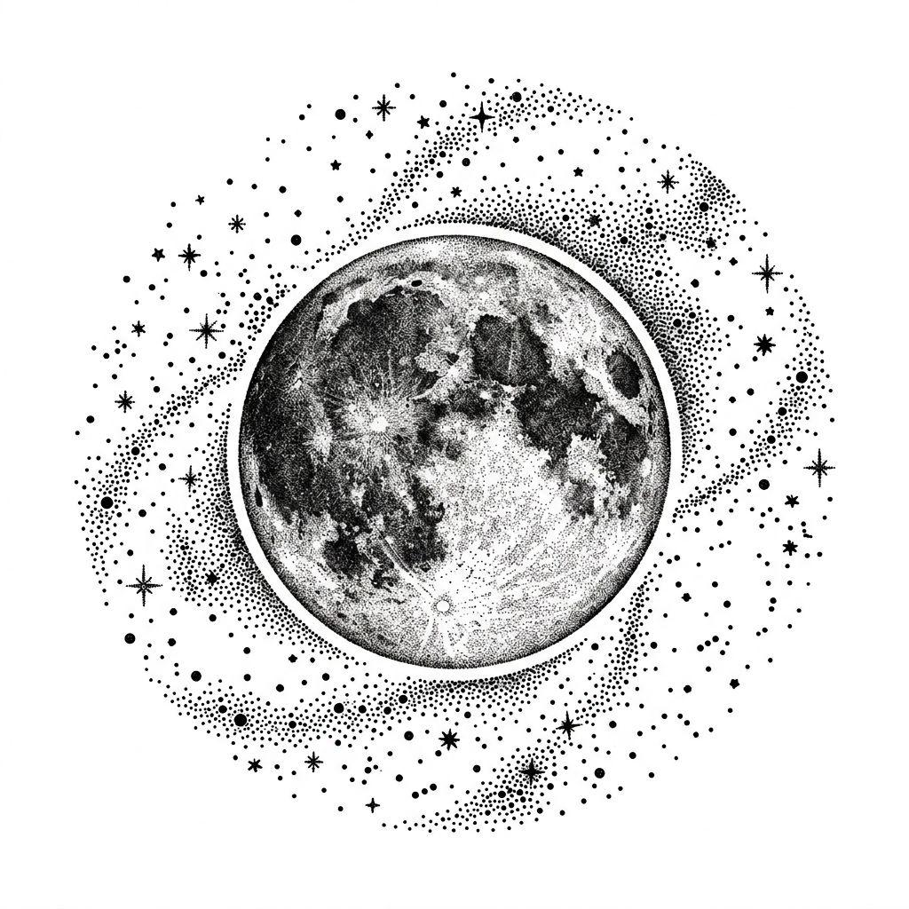idée tatouage dos lune et étoiles dotwork