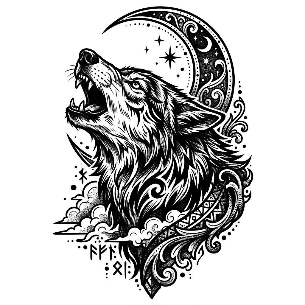 idée tatouage dos loup mystique blackwork
