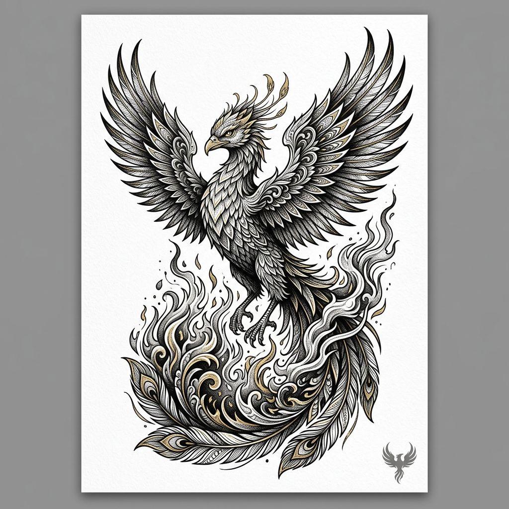 idée tatouage dos composition phénix premium