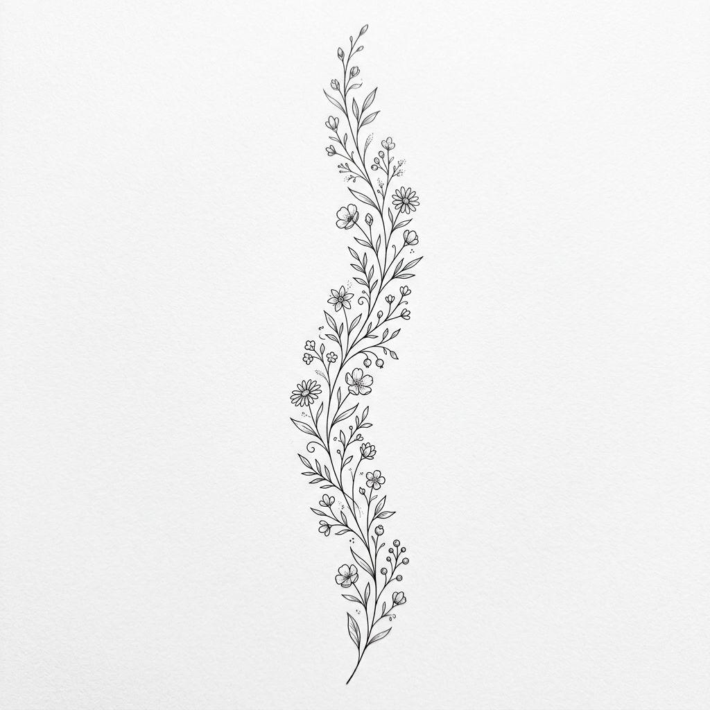 idée tatouage dos femme colonne florale fine line