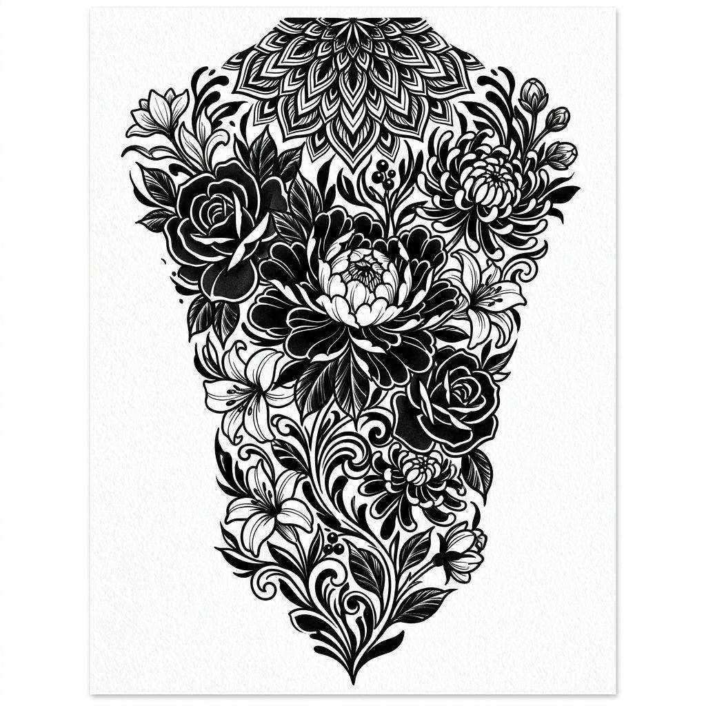 idée tatouage dos femme blackwork floral grande pièce