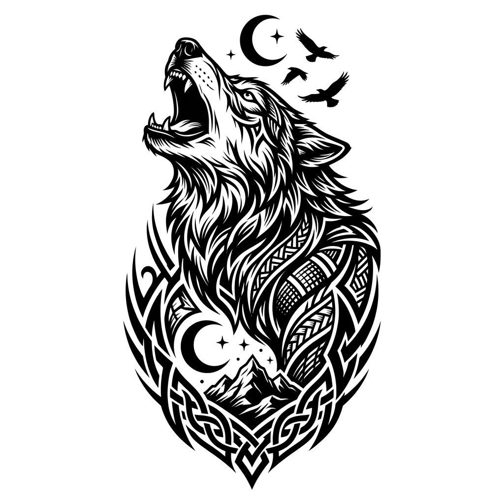 idée tatouage dos homme loup blackwork