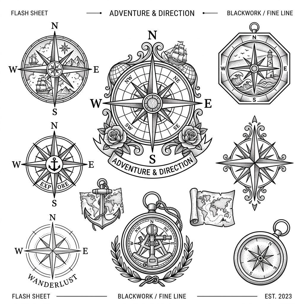 idée tatouage dos homme boussole et carte voyage