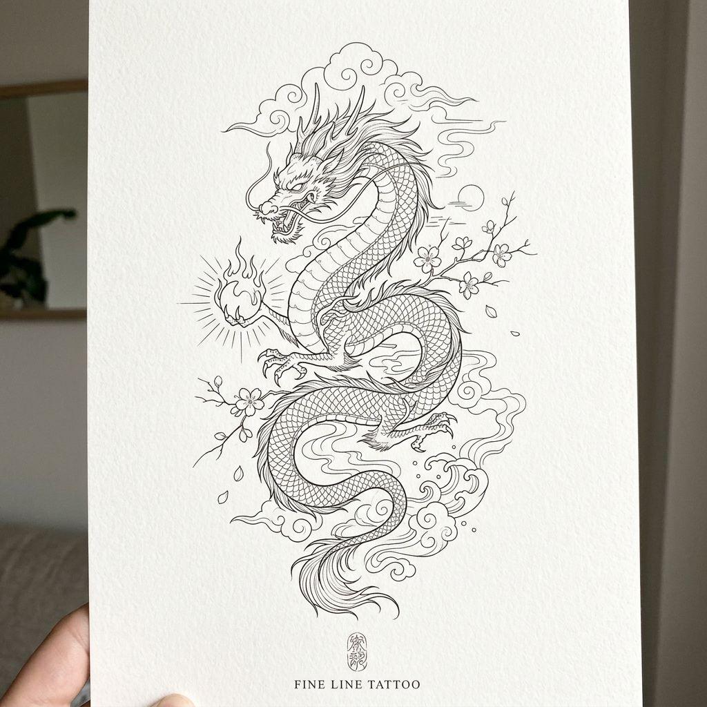 idée tatouage dragon dragon fine line oriental