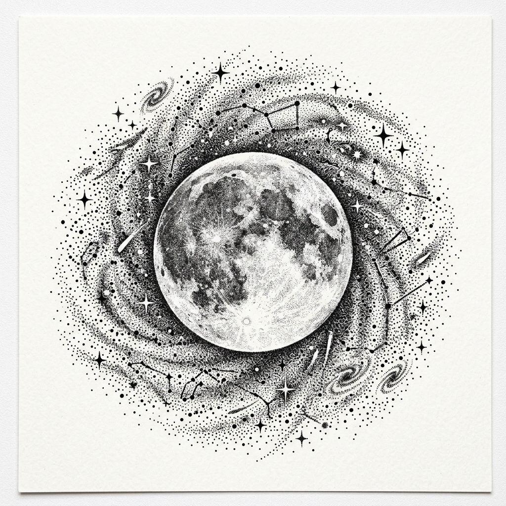 idée tatouage épaule lune dotwork mystique
