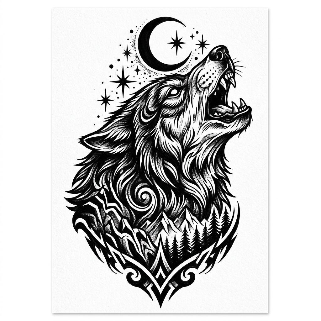 idée tatouage épaule loup hurlant blackwork