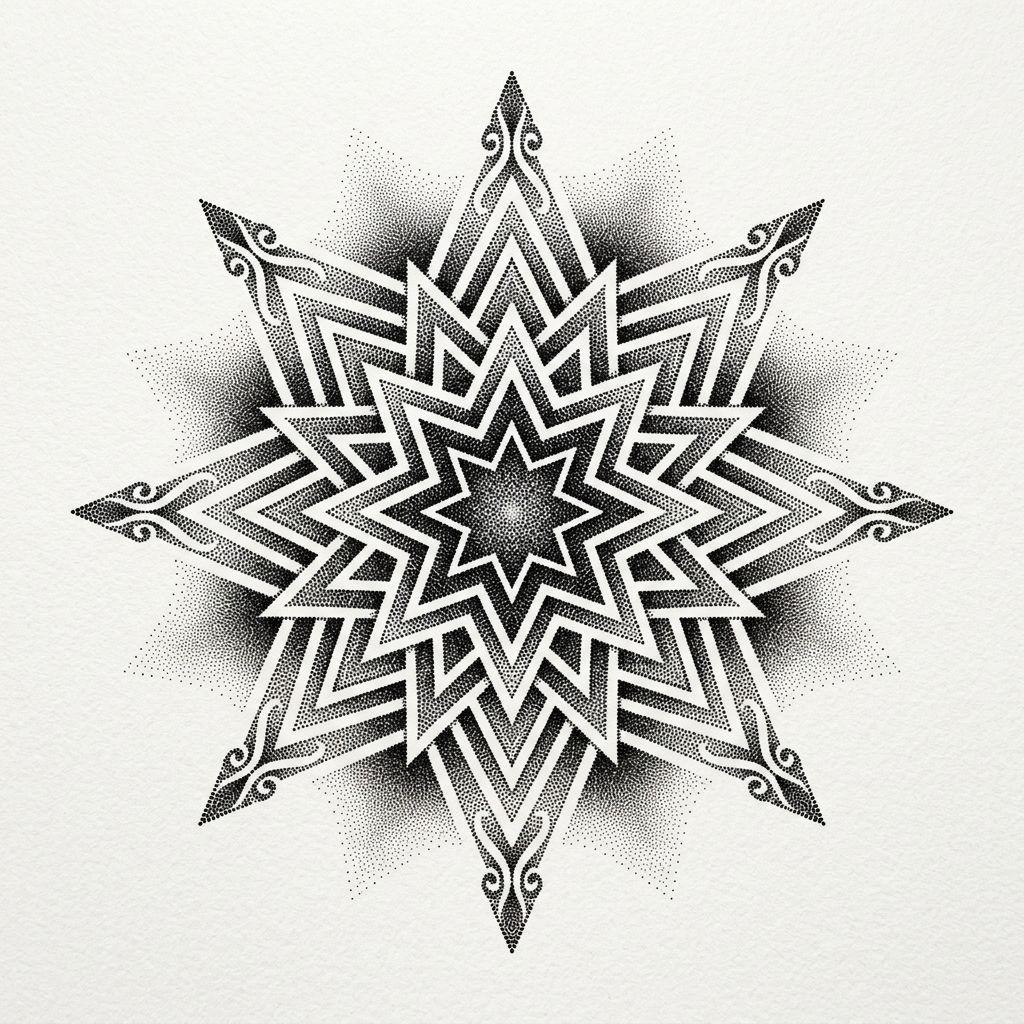 idée tatouage étoile étoile dotwork sacrée, design sur fond blanc