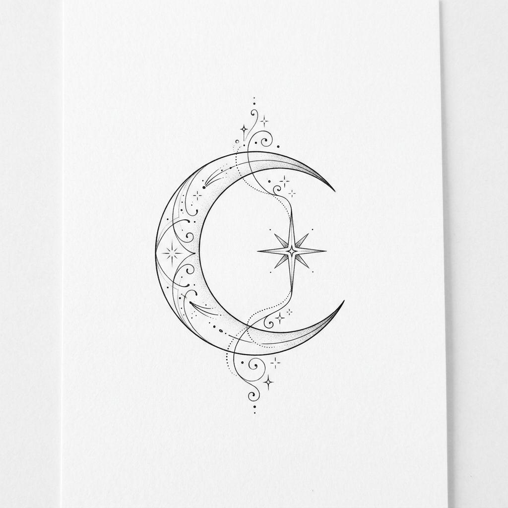 idée tatouage étoile étoile et croissant de lune, design sur fond blanc