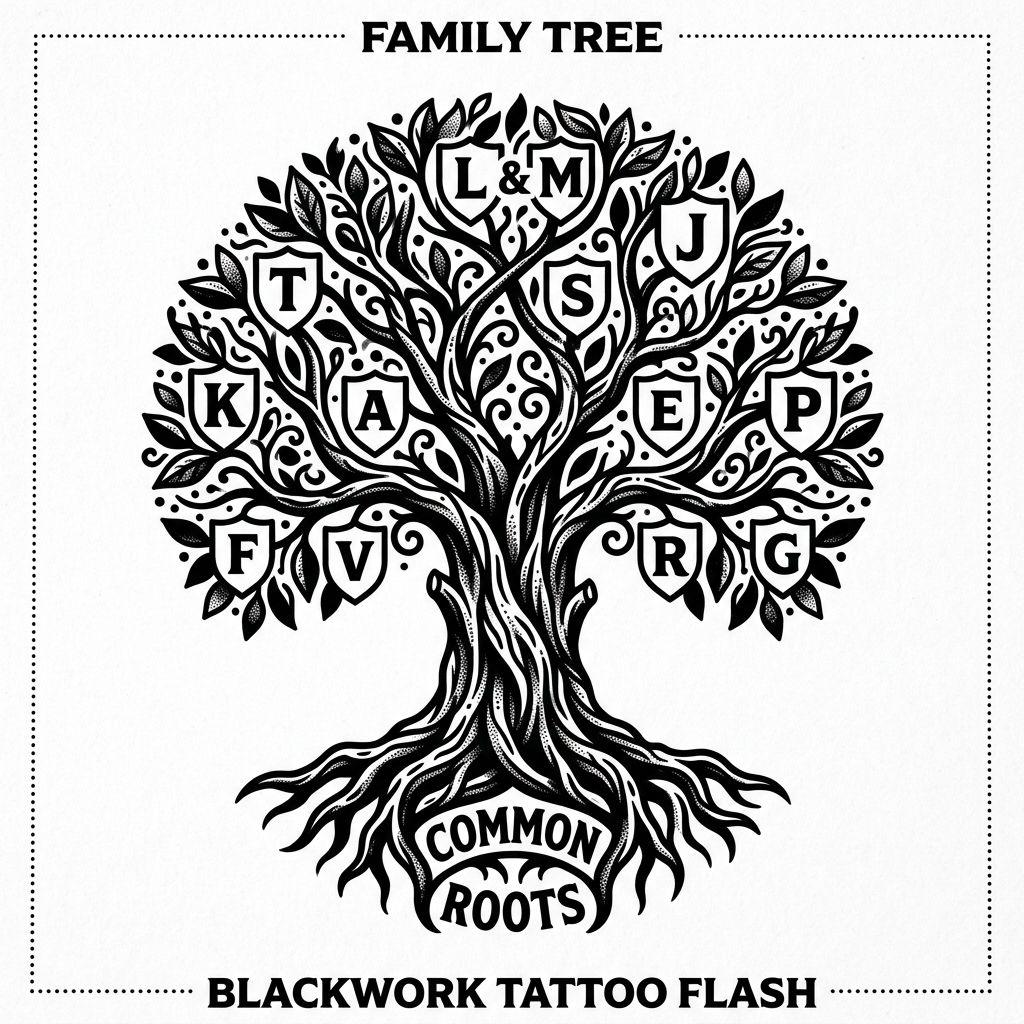 idée tatouage famille arbre généalogique blackwork
