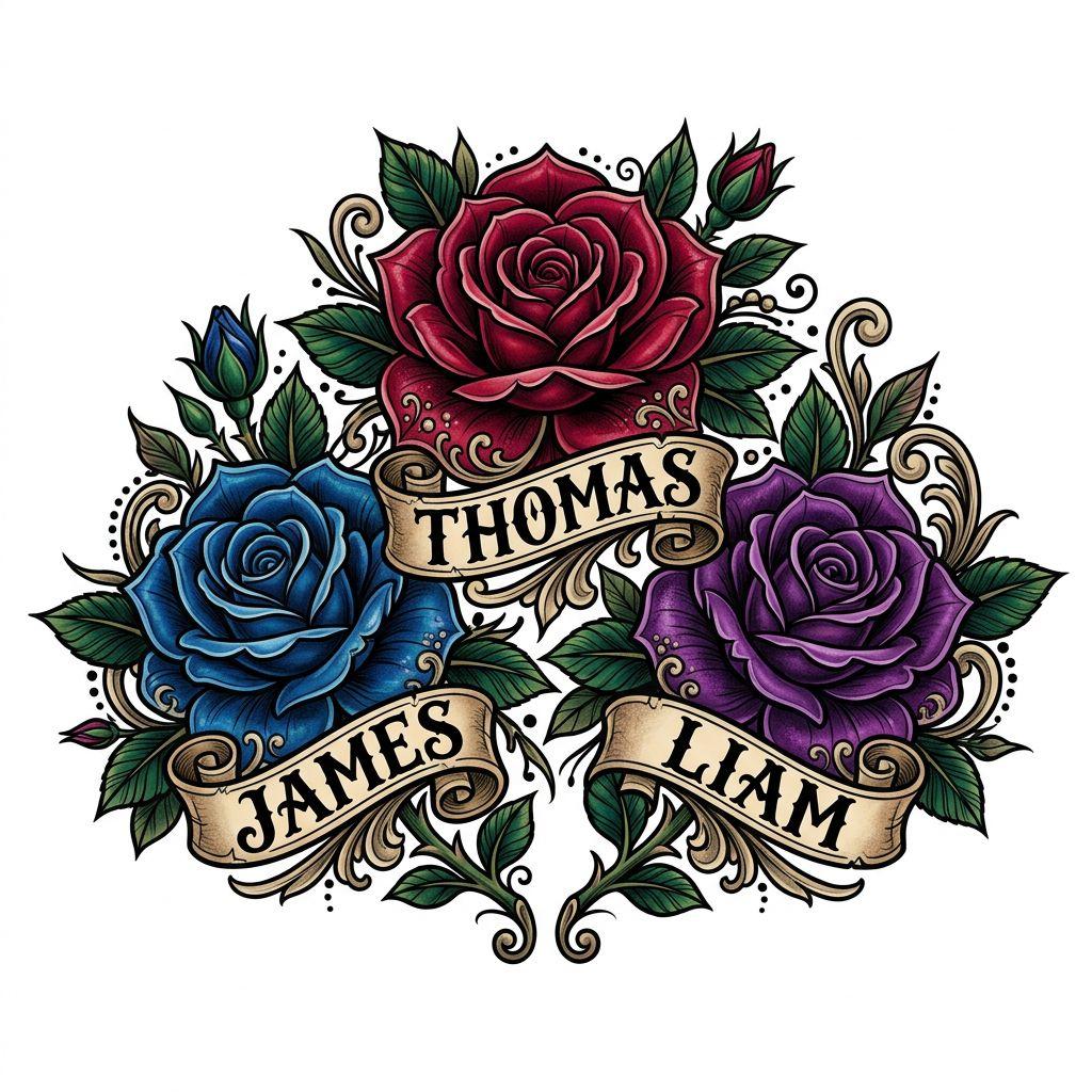 idée tatouage famille homme roses néo-traditionnelles enfants