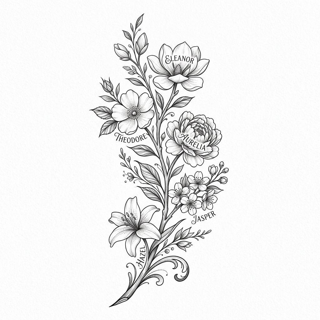 idée tatouage famille homme branche florale prénoms
