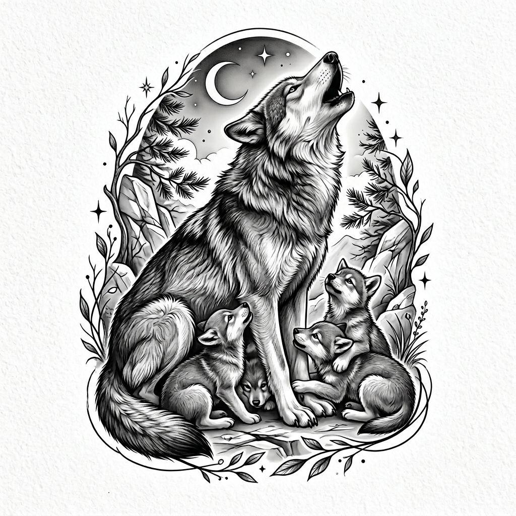 idée tatouage famille homme loup et louveteaux