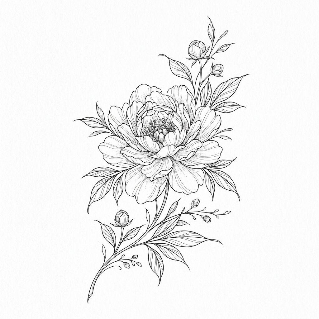 idée tatouage fleur pivoine fine line