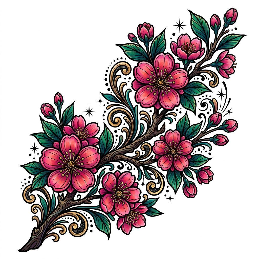 idée tatouage fleur fleur de cerisier néo-traditionnelle
