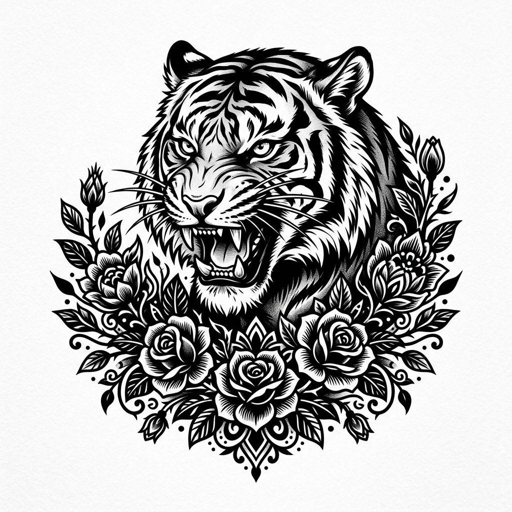 idée tatouage fleur tigre dans les fleurs