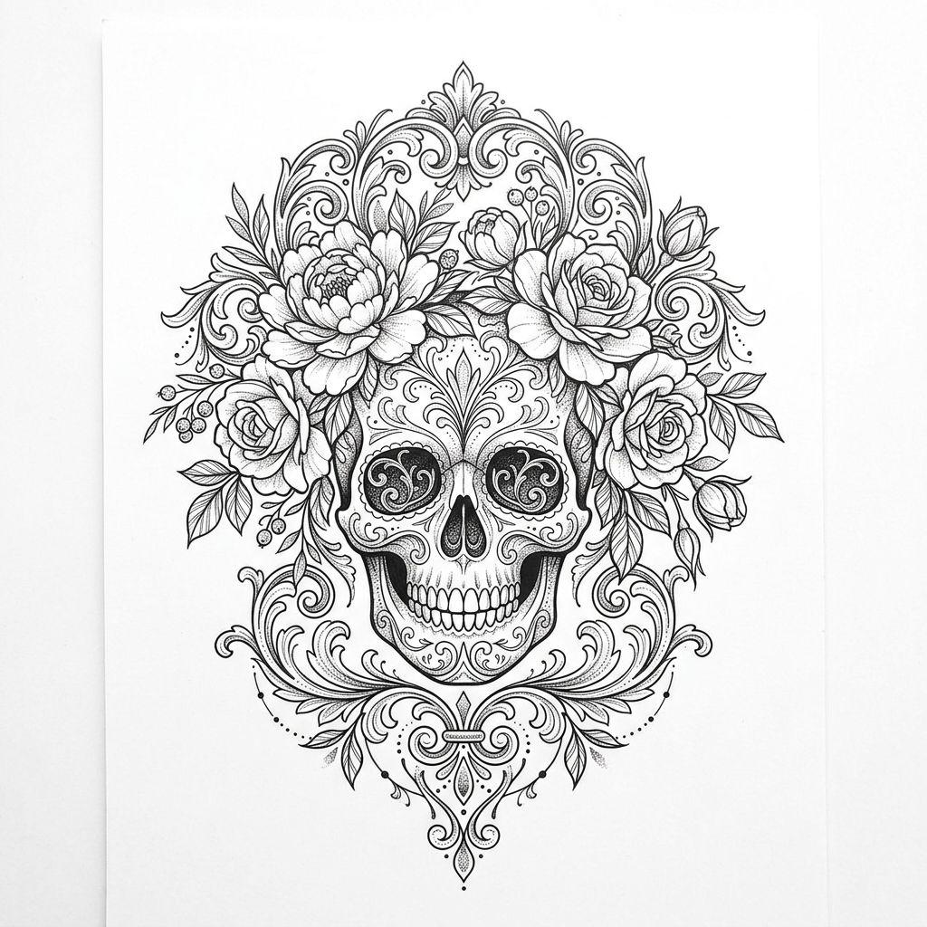 idée tatouage fleur crane fleuri ornemental