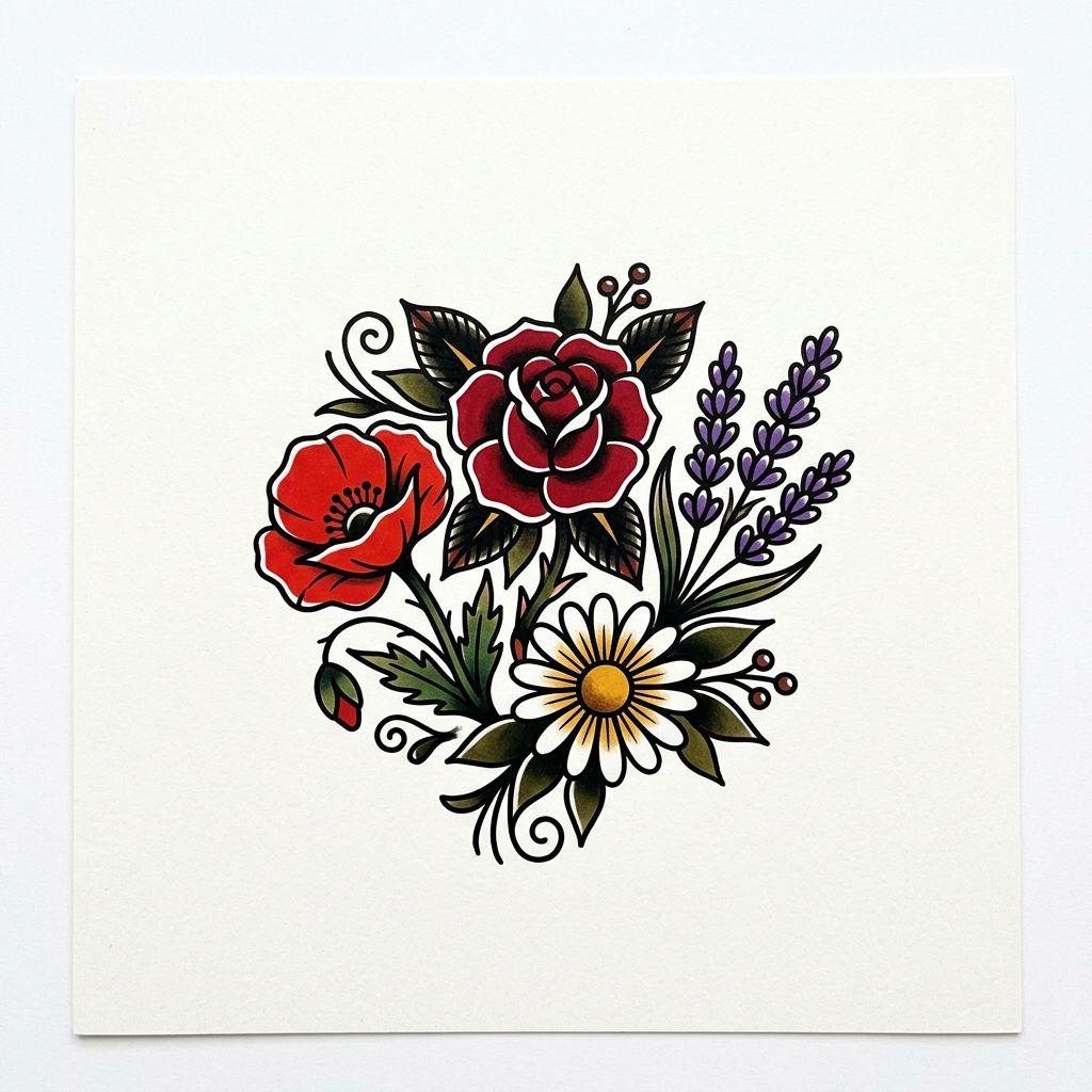 idée tatouage fleur patchwork floral vintage