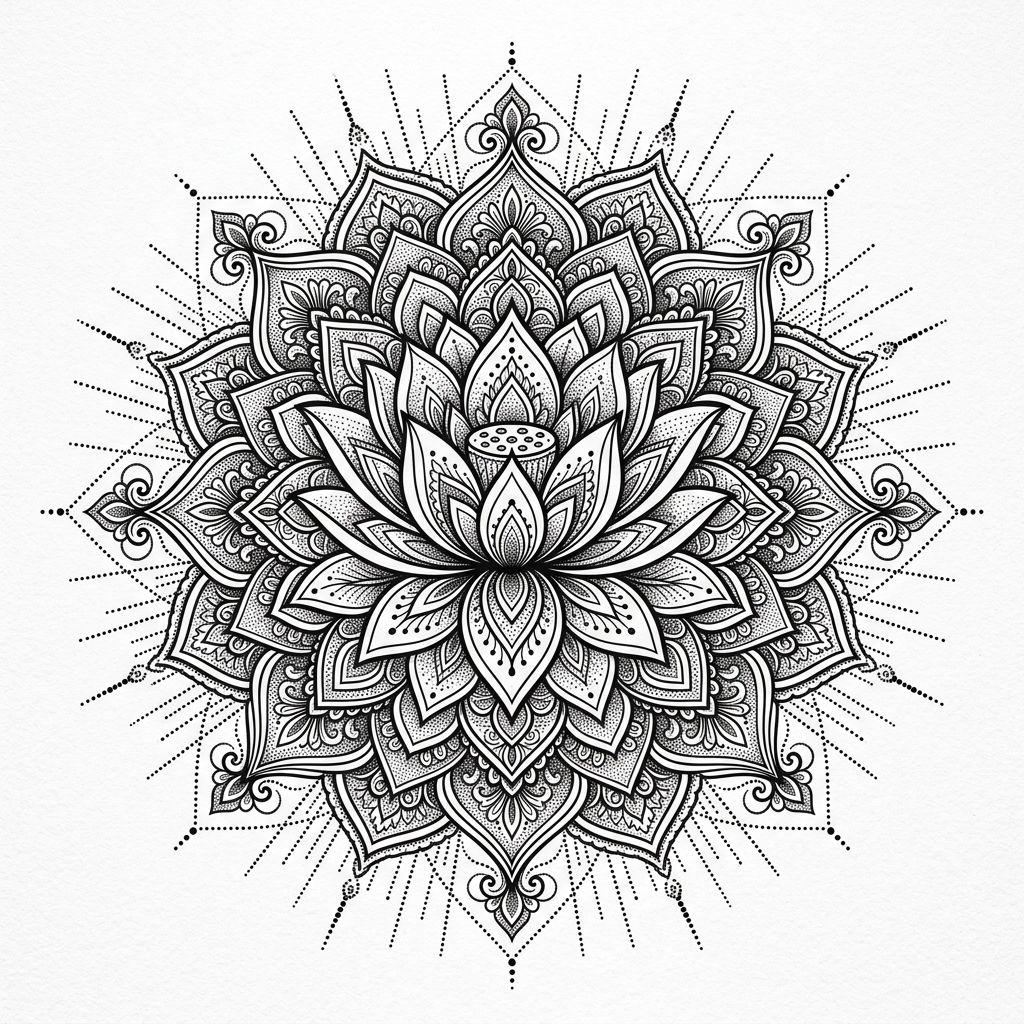 idée tatouage fleur de lotus lotus mandala ornemental, design sur fond blanc