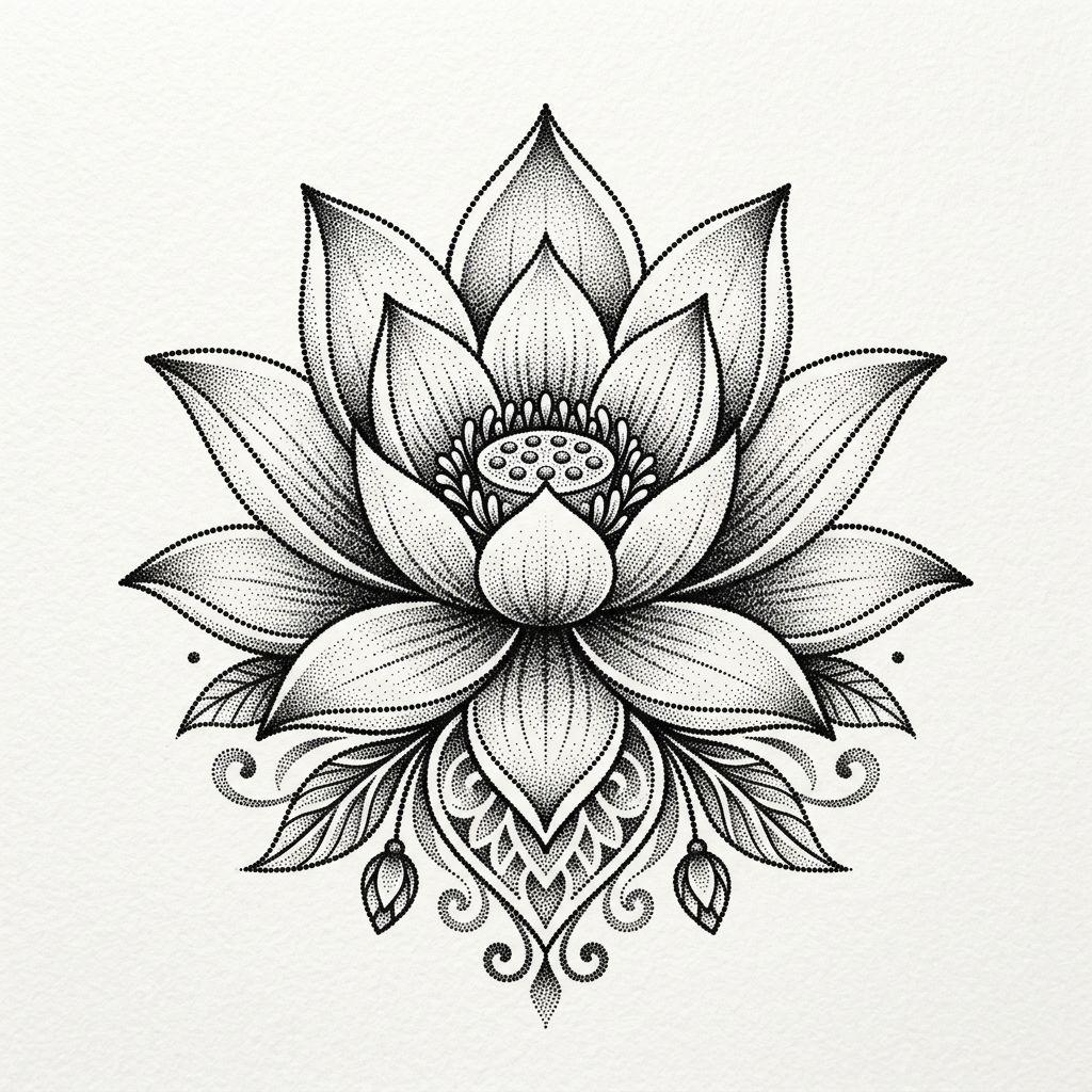 idée tatouage fleur de lotus lotus dotwork pointillisme, design sur fond blanc