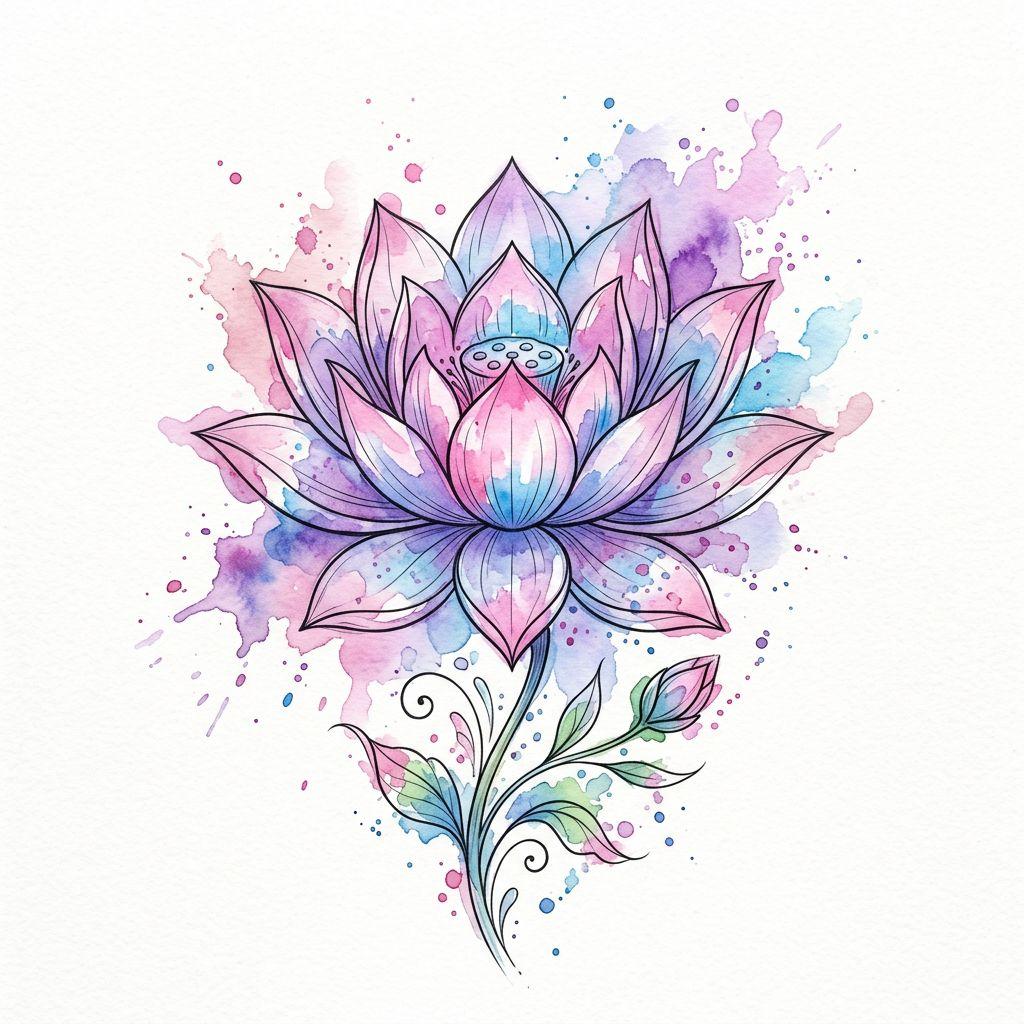 idée tatouage fleur de lotus lotus aquarelle couleur, design sur fond blanc