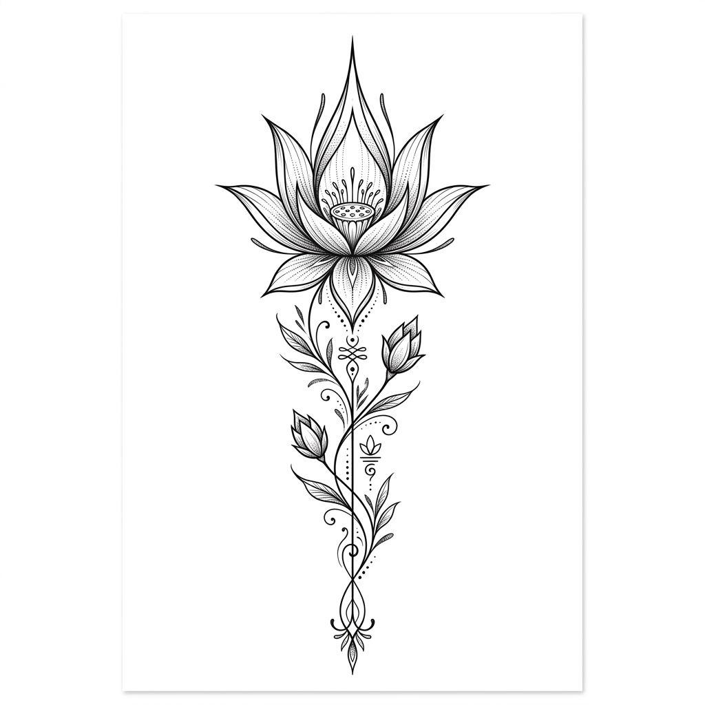 idée tatouage fleur de lotus lotus colonne vertébrale, design sur fond blanc