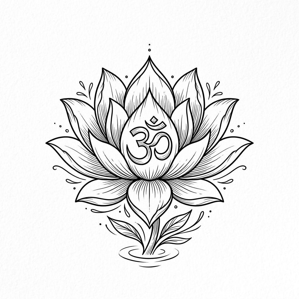 idée tatouage fleur de lotus lotus et om spirituel, design sur fond blanc
