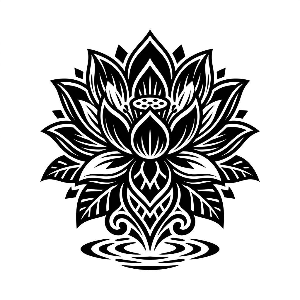 idée tatouage fleur de lotus lotus blackwork contrasté, design sur fond blanc
