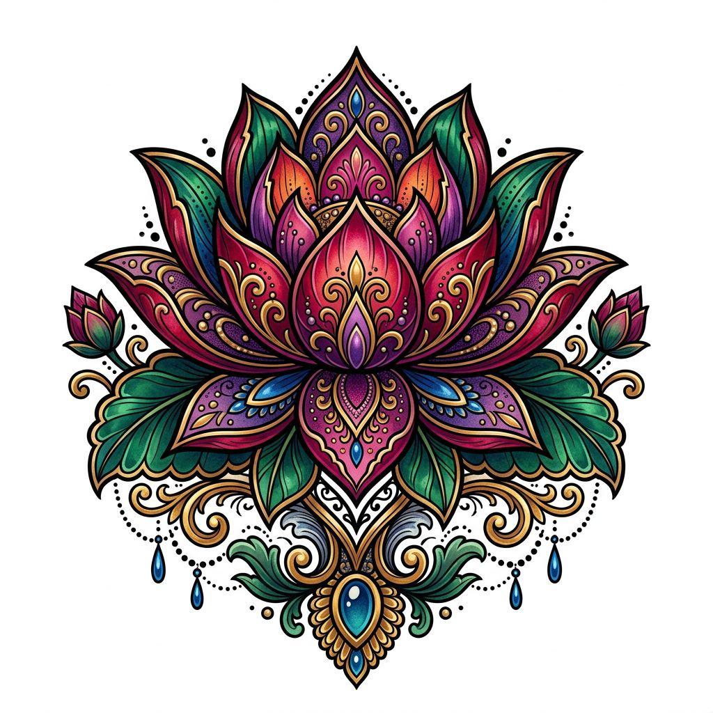 idée tatouage fleur de lotus lotus néo-traditionnel, design sur fond blanc