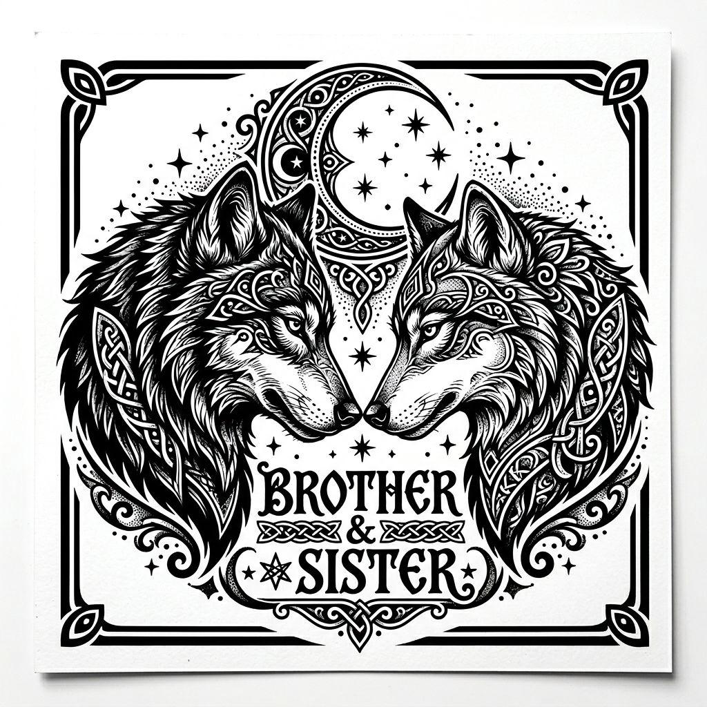 idée tatouage frère et sœur loup et louve blackwork