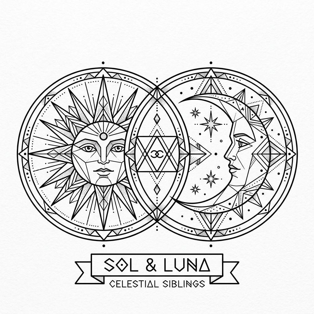 idée tatouage frère et sœur soleil et lune géométriques