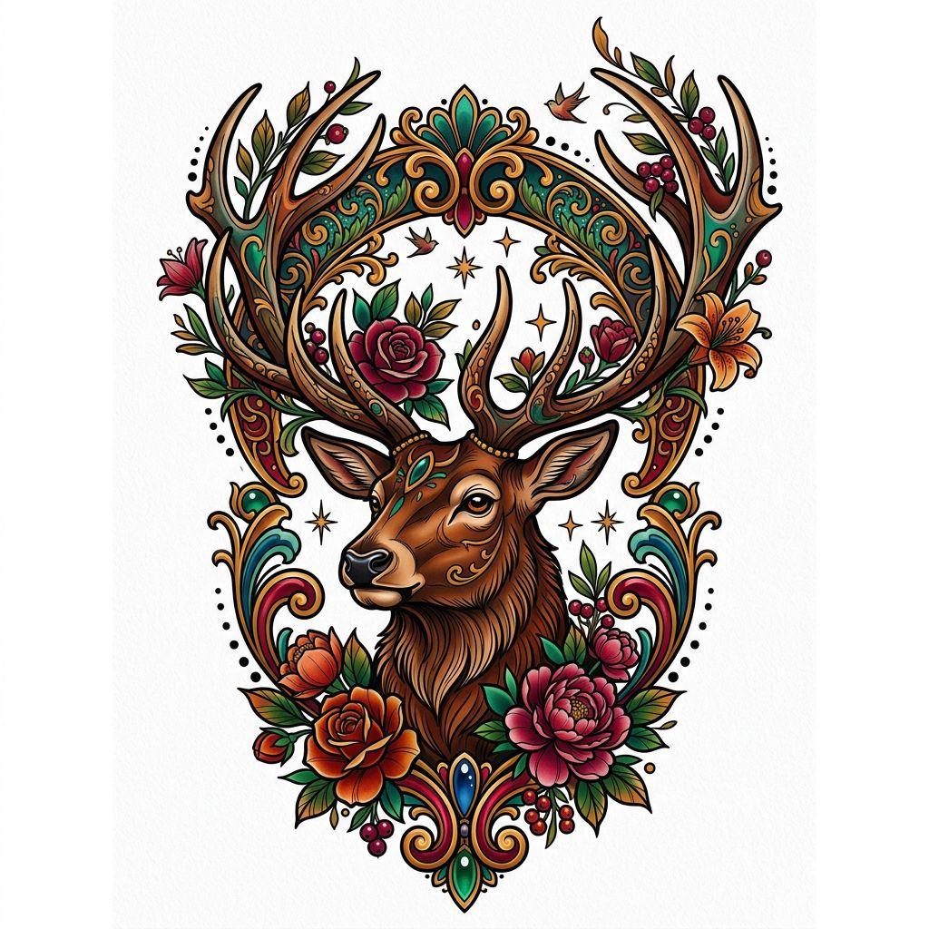 idée tatouage homme cerf néo-traditionnel