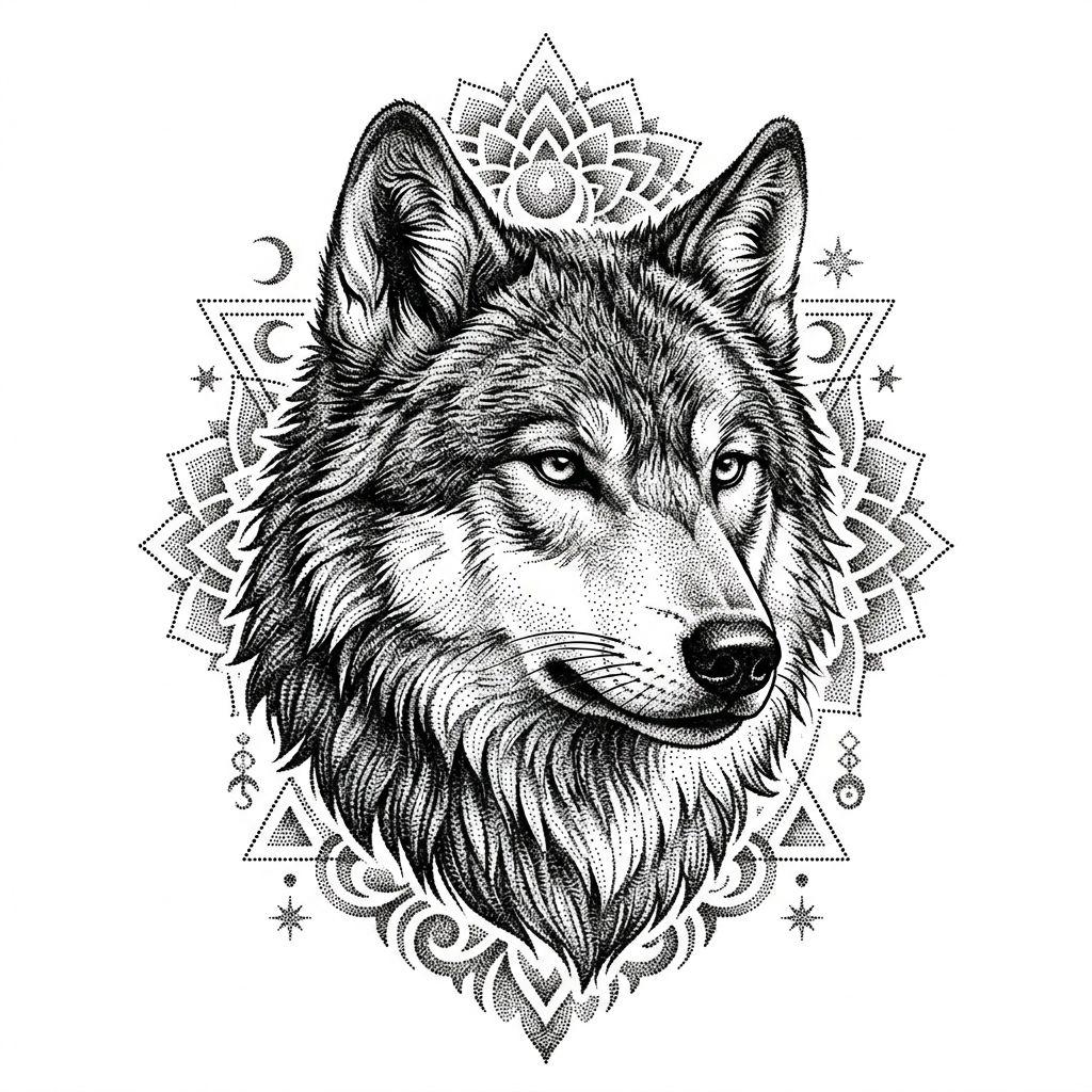 idée tatouage homme loup dotwork