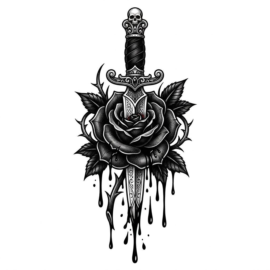 idée tatouage homme rose et dague