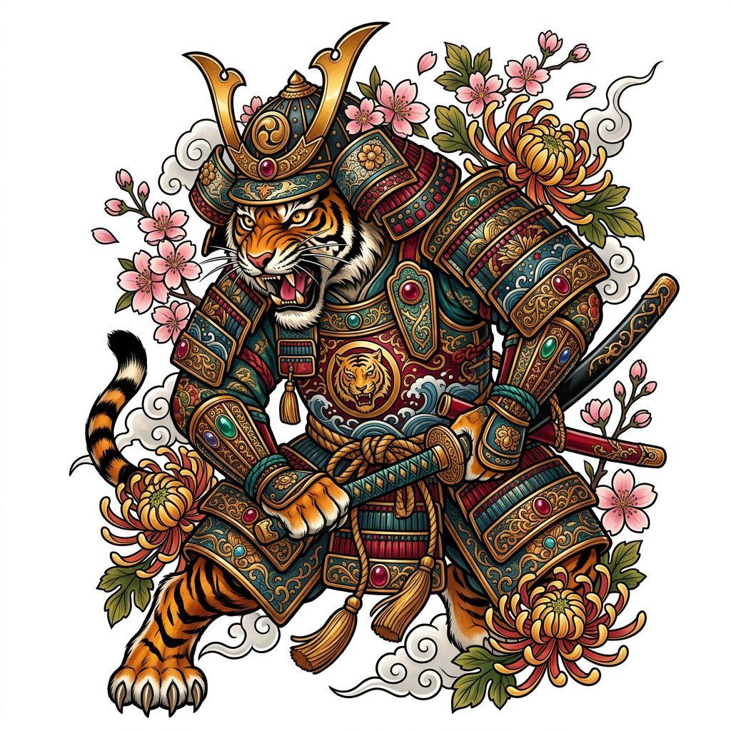 idée tatouage japonais tigre samourai néo-traditionnel