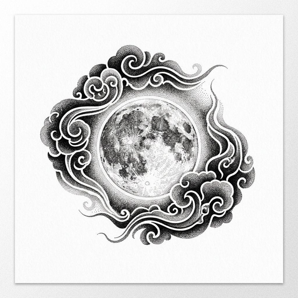 idée tatouage japonais lune dotwork japonaise
