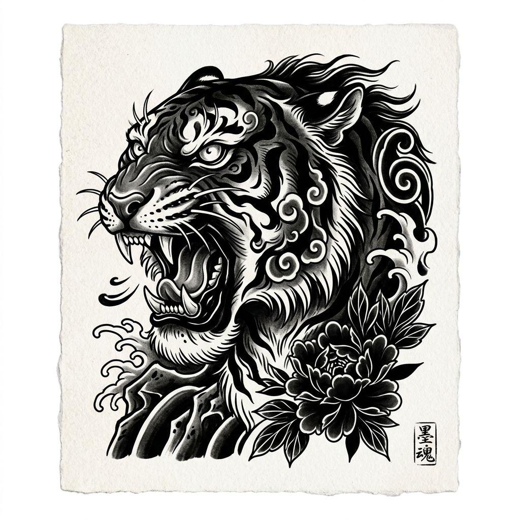 idée tatouage japonais tigre japonais blackwork