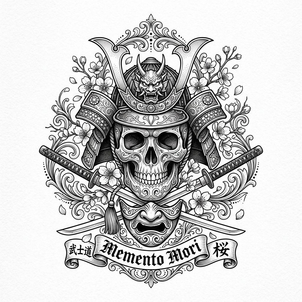 idée tatouage japonais crane samourai ornemental