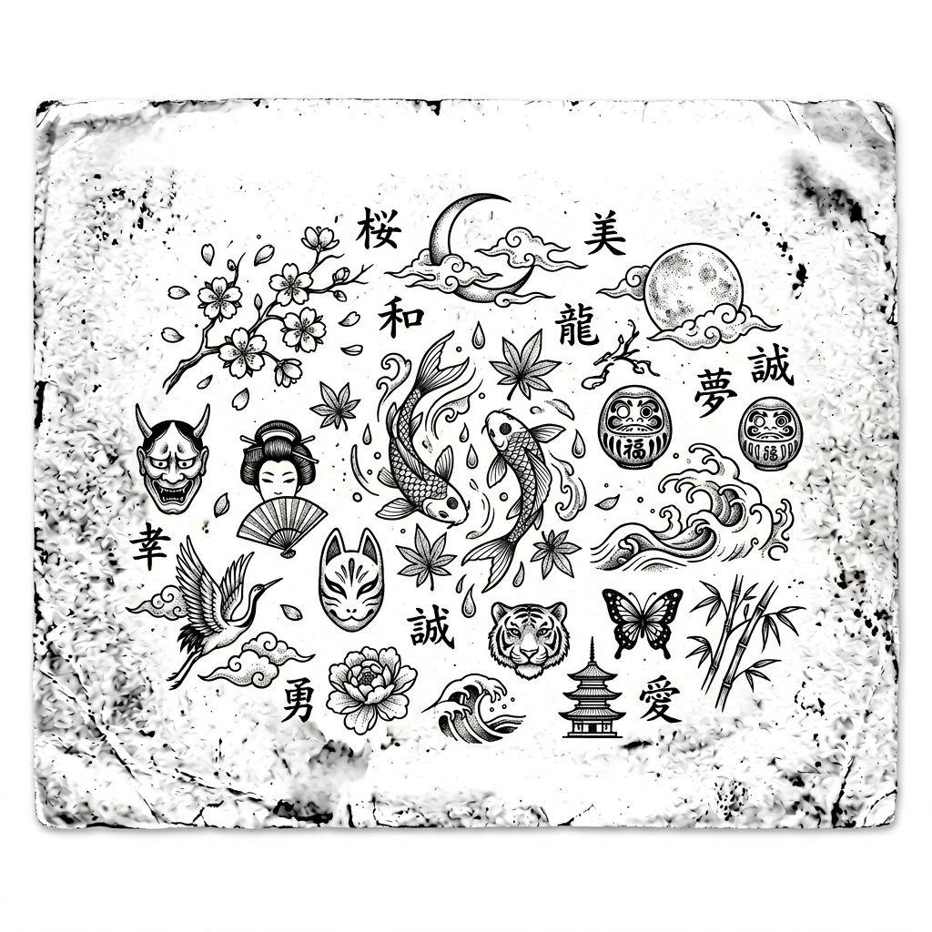 idée tatouage japonais patchwork japonais vintage