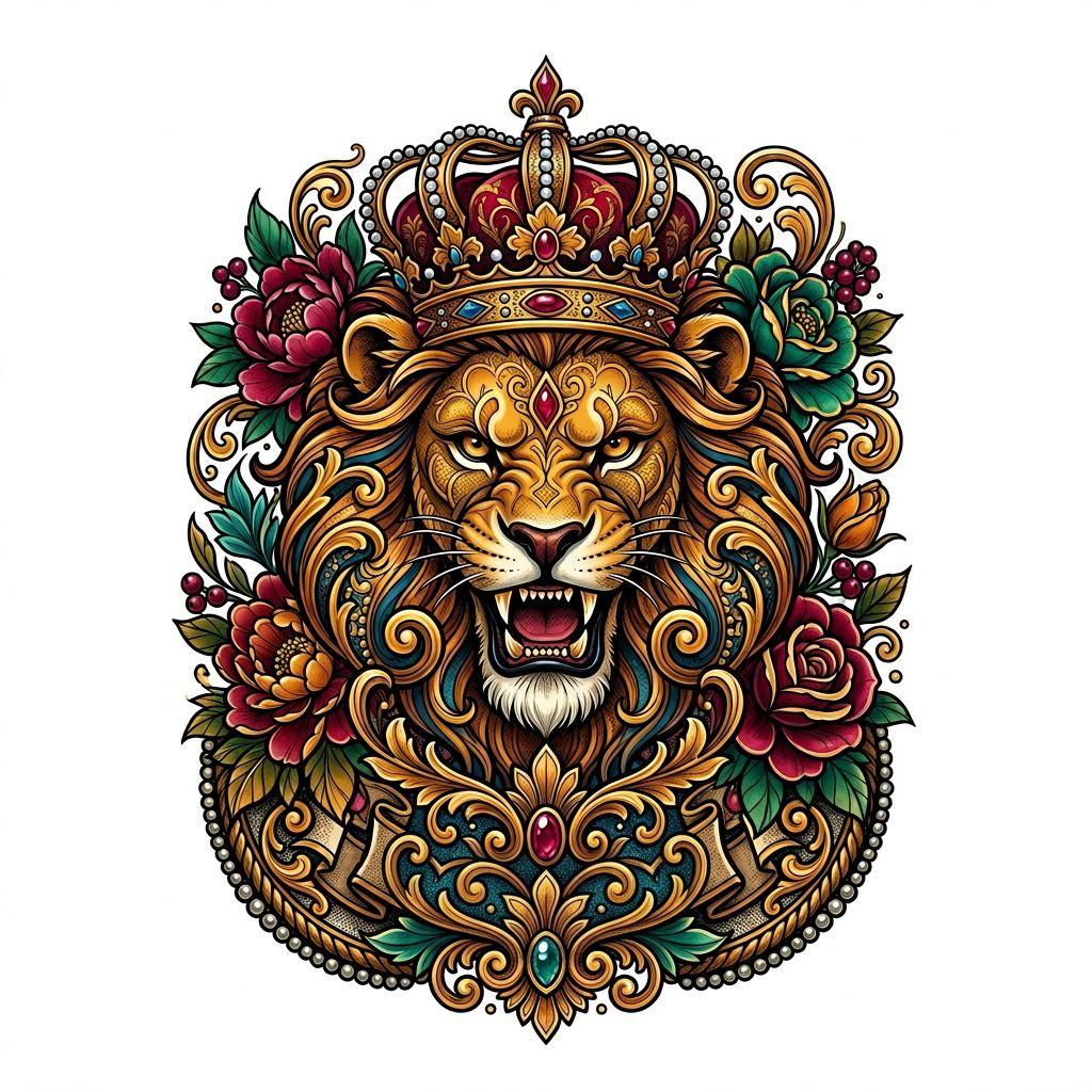 idée tatouage lion lion néo-traditionnel ornement