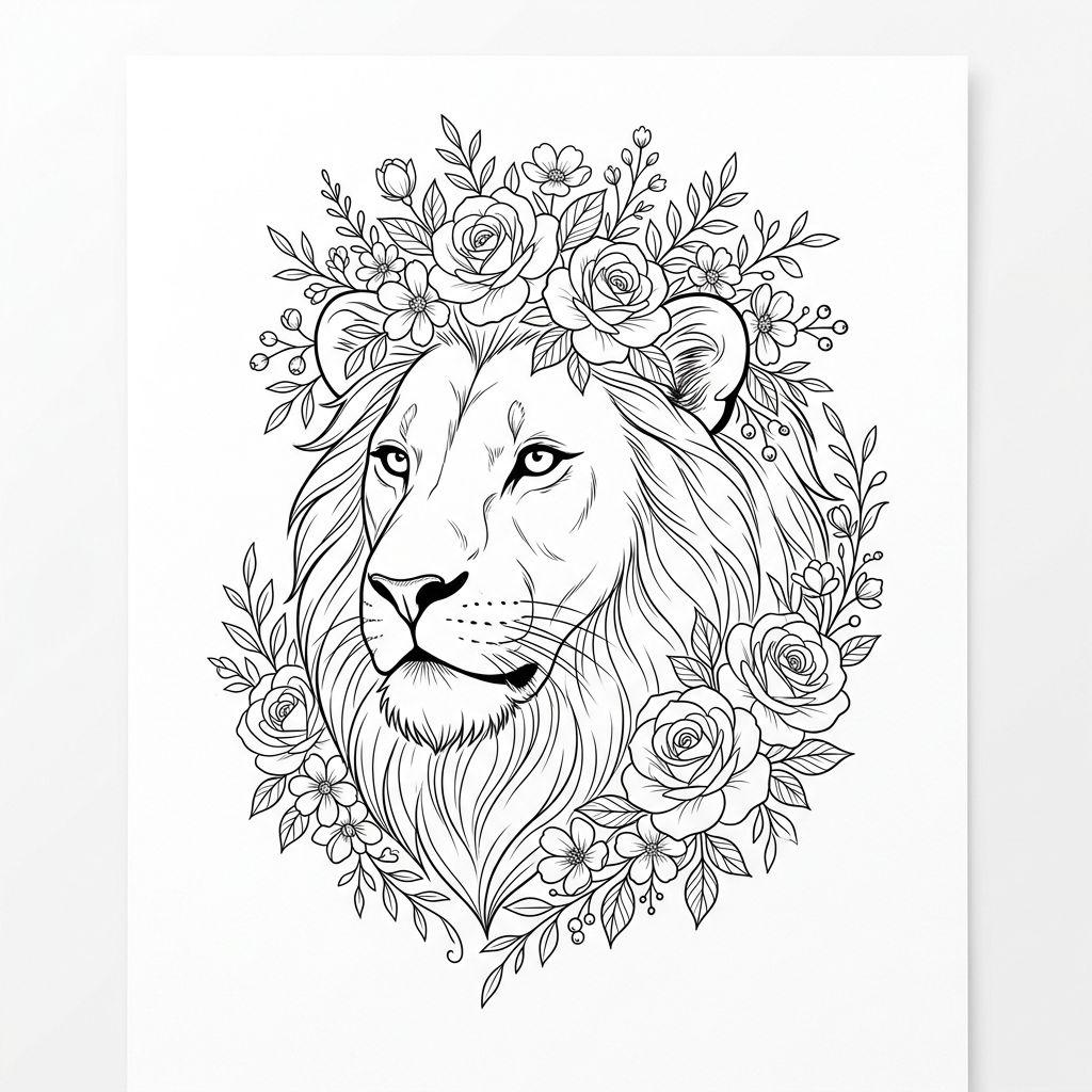 idée tatouage lion lion fleuri couronné