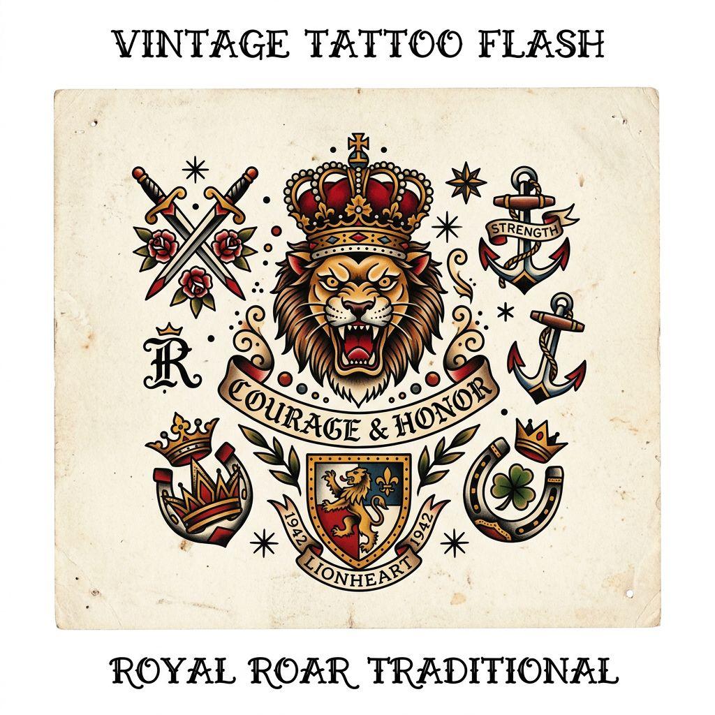idée tatouage lion patchwork lion vintage