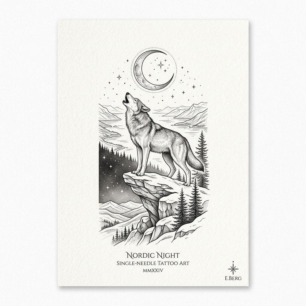 idée tatouage loup loup fine line hurlant