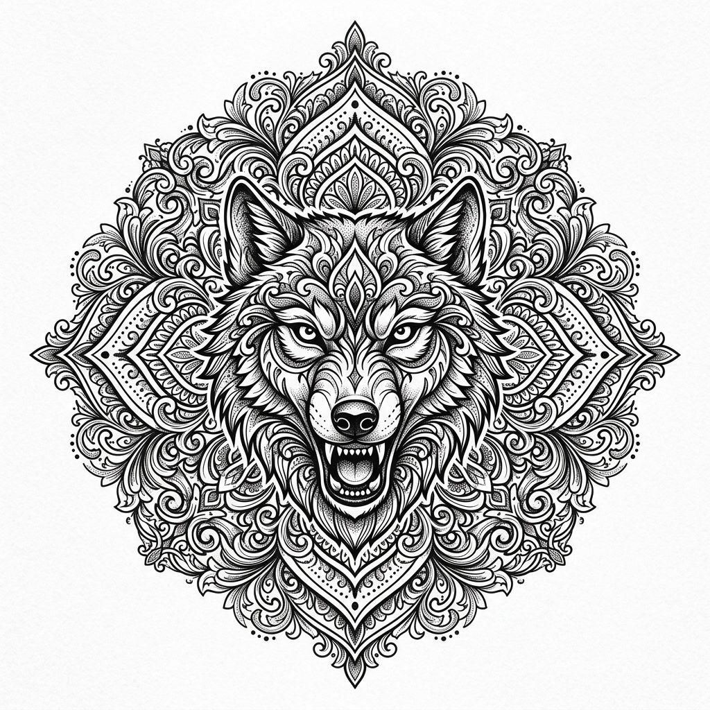idée tatouage loup mandala loup ornemental