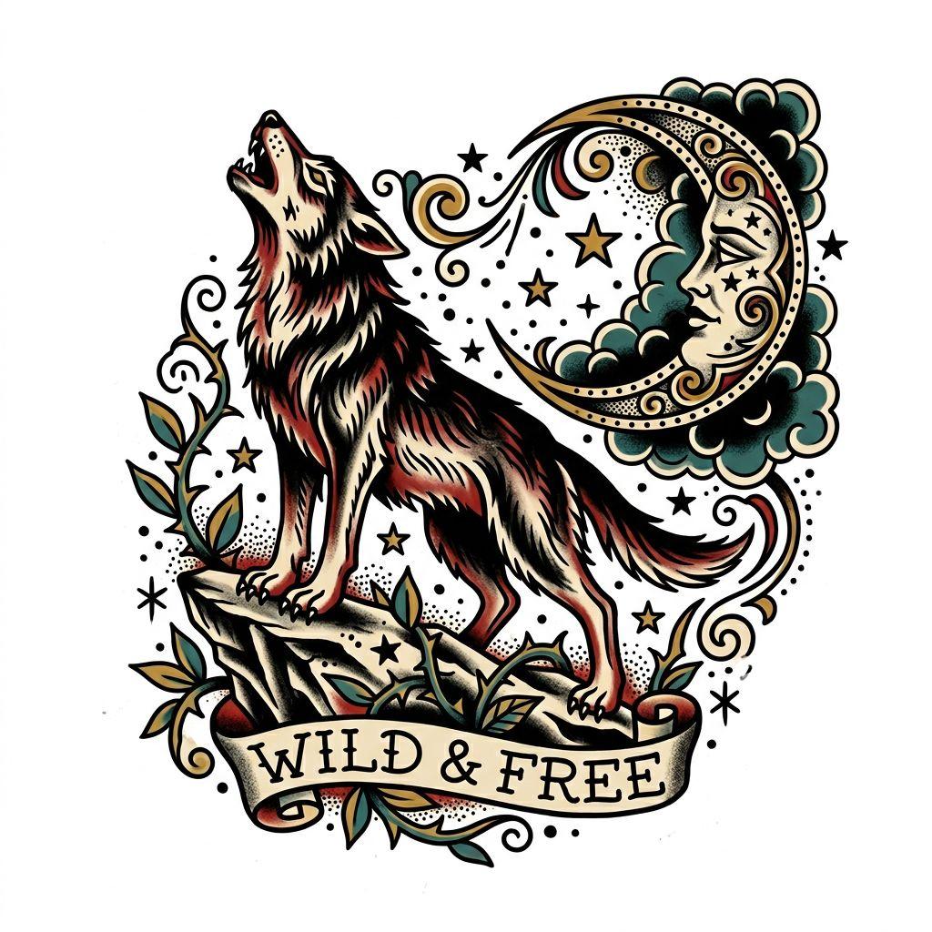 idée tatouage lune lune et loup old school