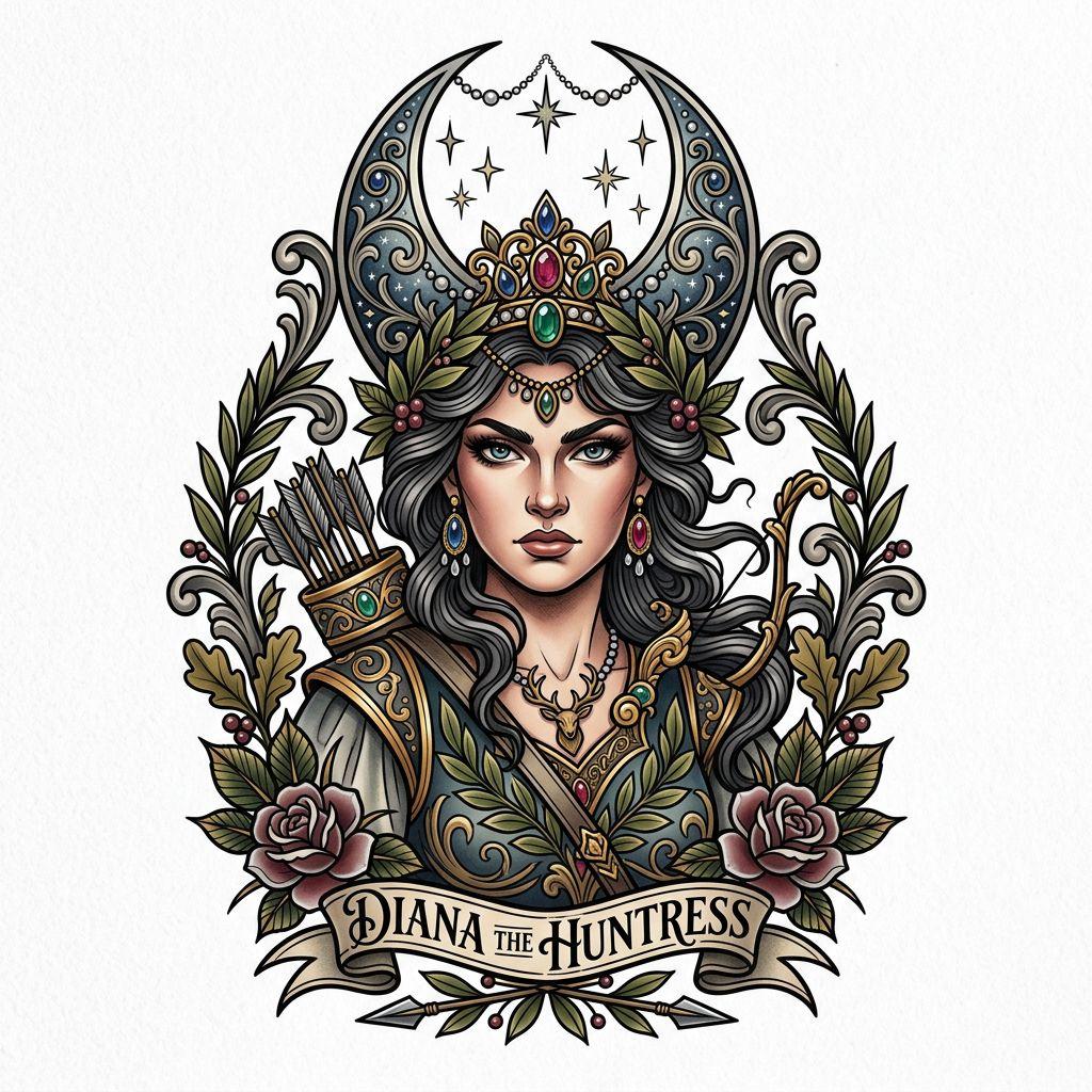 idée tatouage lune diane chasseresse néo-traditionnelle
