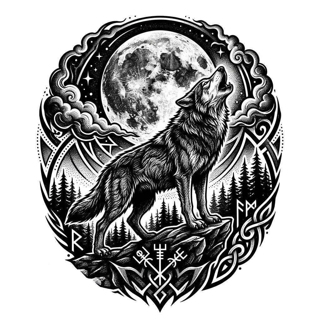 idée tatouage lune loup hurlant lune blackwork